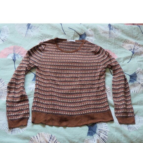 Brown thin sweater, with geometric pattern and metallic yarn. MNG, Size XS - Picture 1 of 9